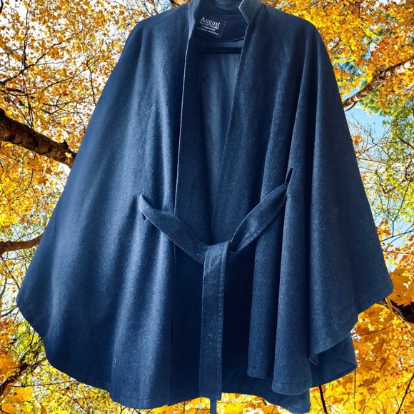 Vintage August Custom Tailors Hong Kong Black Cashmere Blend Silk Lined Cape OS